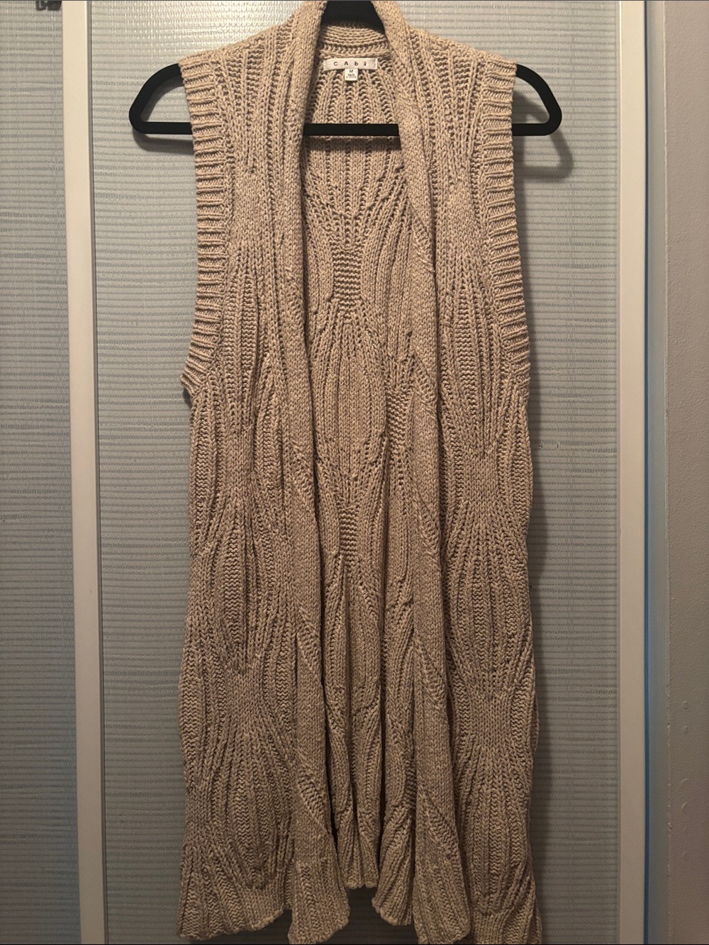 EUC CAbi Beige Cable-Knit Sleeveless Duster Cardigan